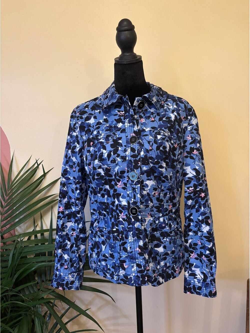Women's Charter Club Comfy Office Button Up Floral Botanical Denim Jean Jacket